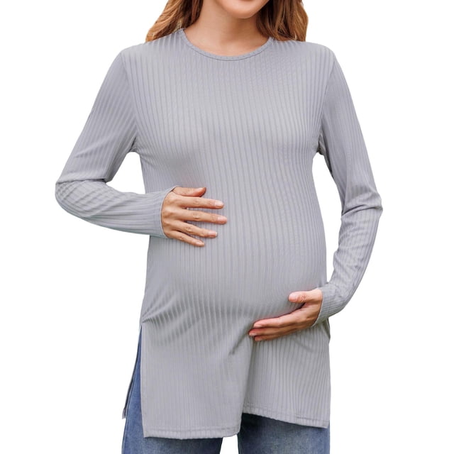 Blouse de Maternité Haut de Grossesse pour Femme à Manches Longues Décontractée à Volants Chemise Basique Tissu Extensible Confortable pour