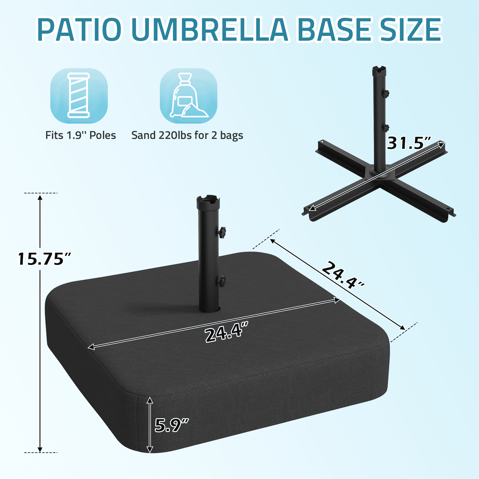 AECOJOY Umbrella Stand,Heavy-Duty 220lb with Sandbags,Compatible with 1.9" Pole,Outdoor Umbrella Base, Black
