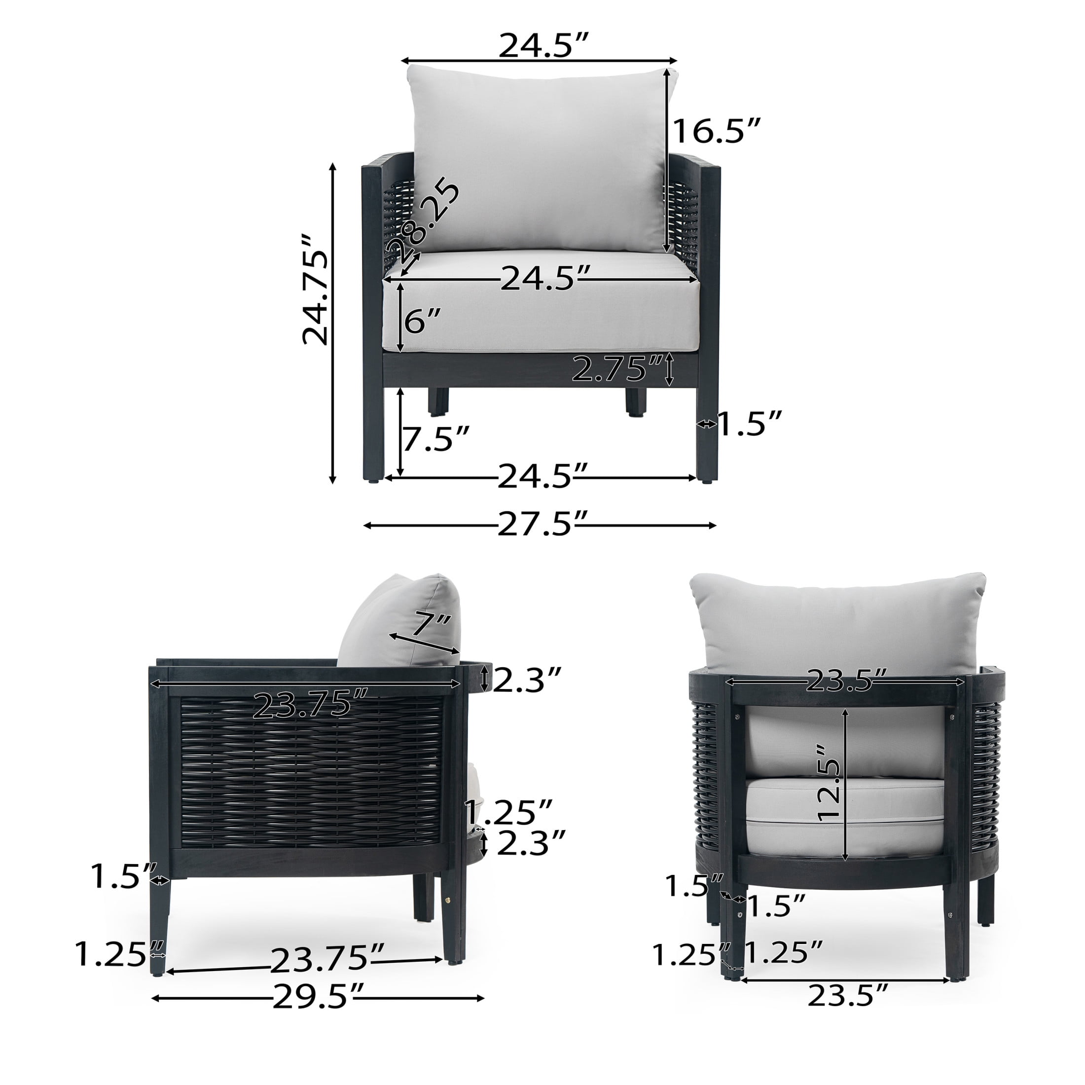 Felix Outdoor Patio Club Chair, Acacia Wood Wicker Armchair with Cushions, Black+Light Grey