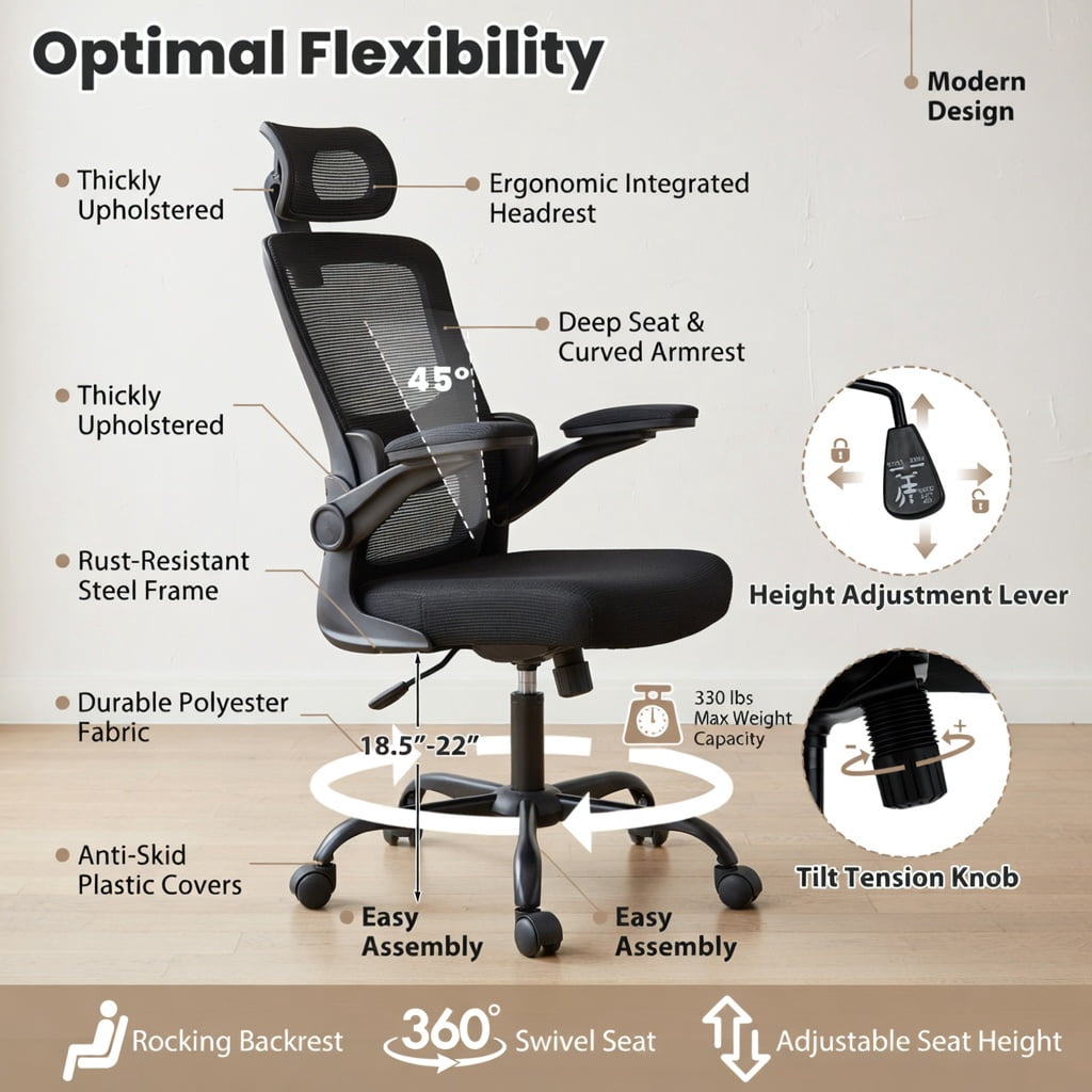 Demi Bonn Mesh Office Chair with Adaptive Lumbar Support Flip-up Armrests, Reclining Backrest, Rolling Work Computer Desk Chair, Black