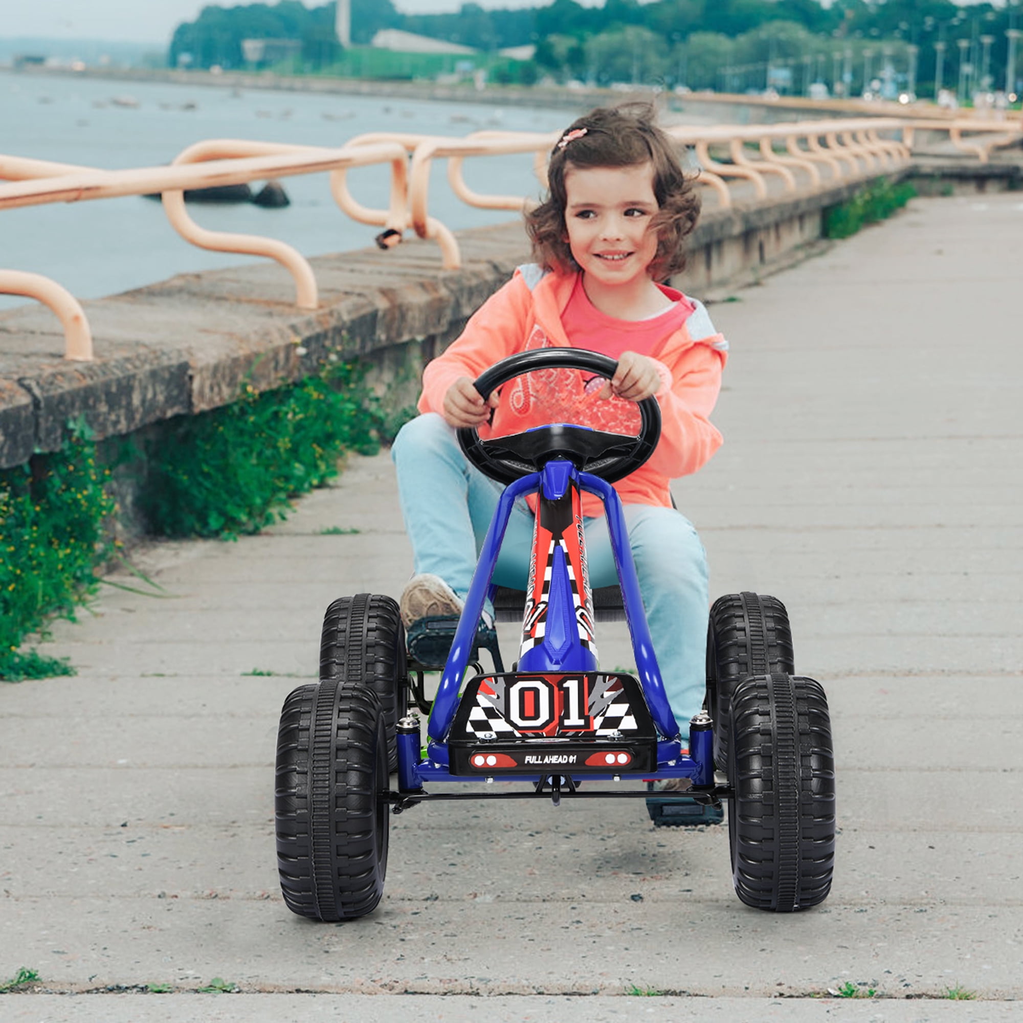 Gymax Kids Pedal Go Kart 4 Wheel Ride On Toys w/ Adjustable Seat & Handbrake Blue