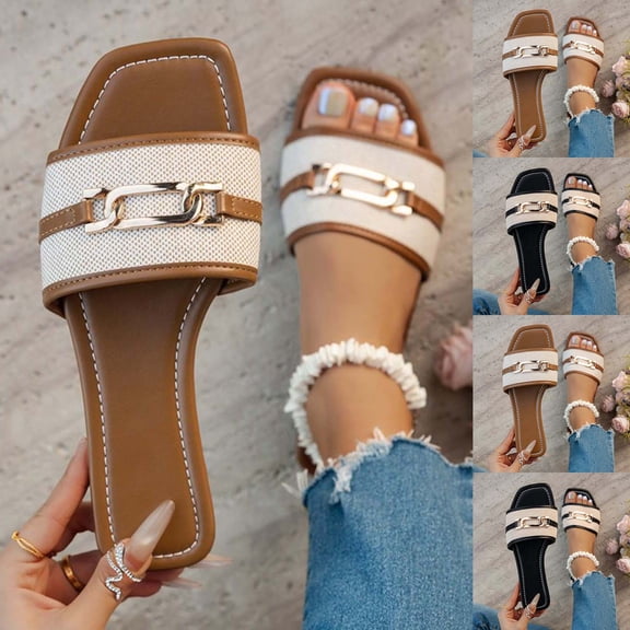 Women's Square Toe Flat Slide Sandals Metallic Buckle Decor Casual Summer Slip On Shoes for Women Wide Width