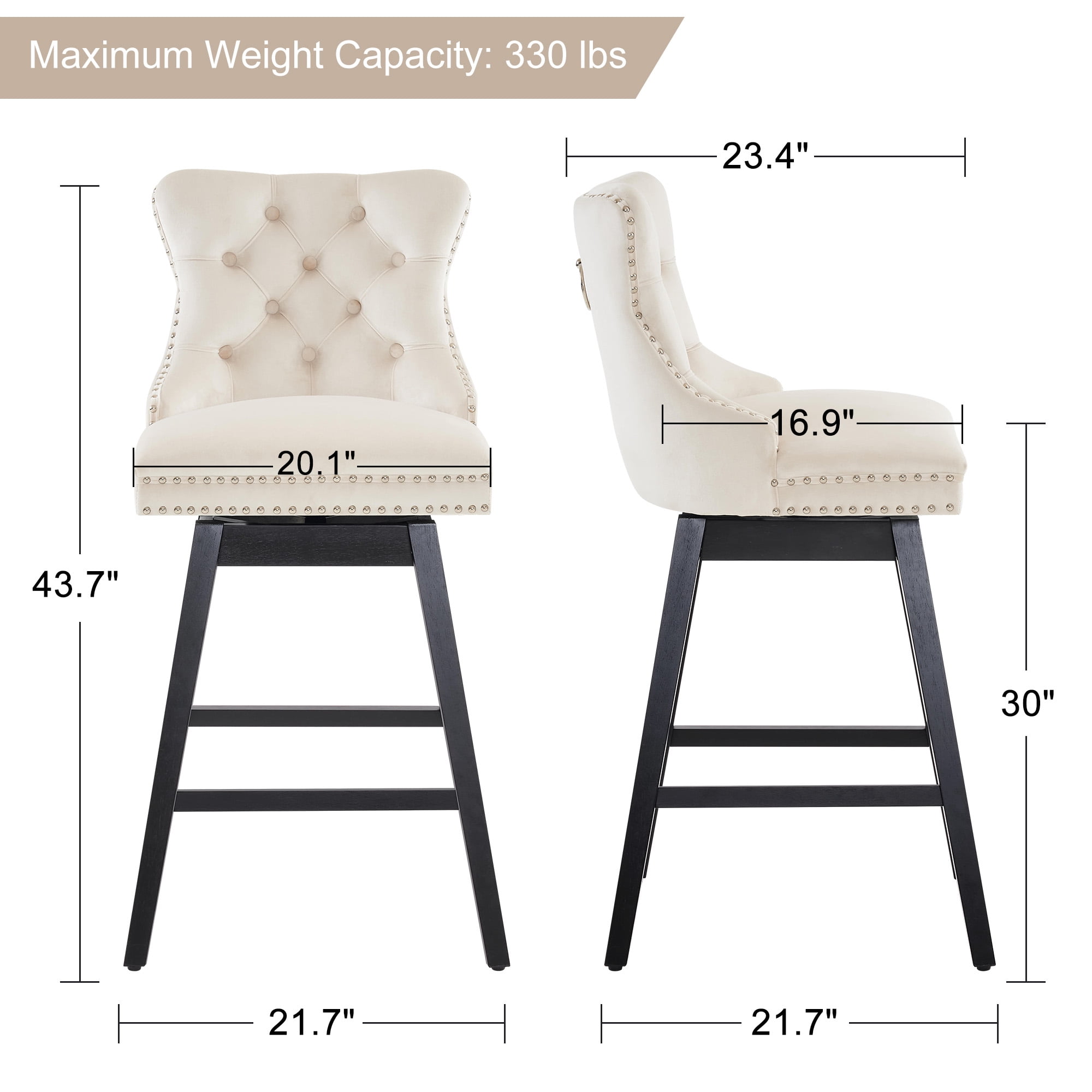 Tewloss 30" Swivel Bar Stools Set of 6 With Back Velvet Bar Height Chairs for Home Kitchen, Beige