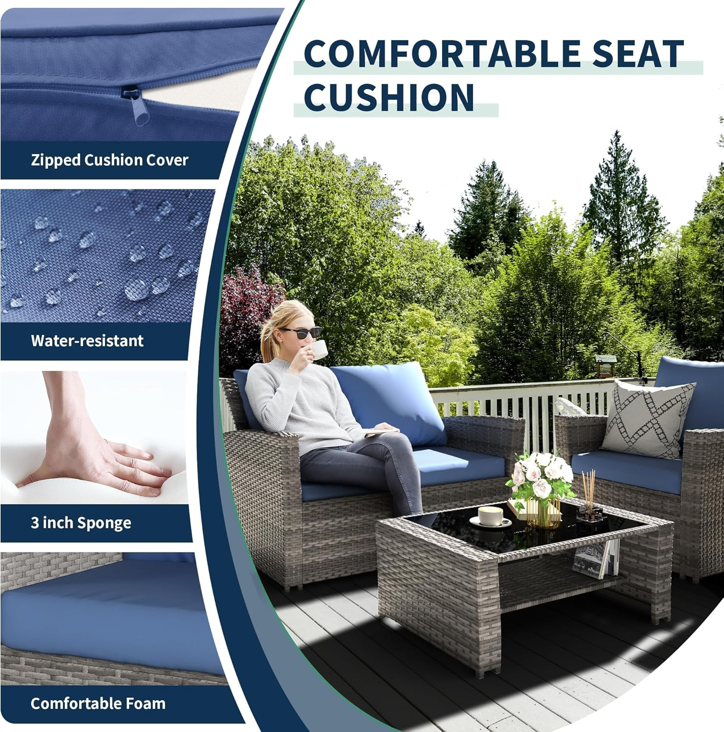 Amopatio Wicker Patio Furniture Set, 4 Piece Outdoor Sectional Conversation Sets, Gray PE Rattan Patio Sofa Set for Balcony, Porch, Backyard,Blue