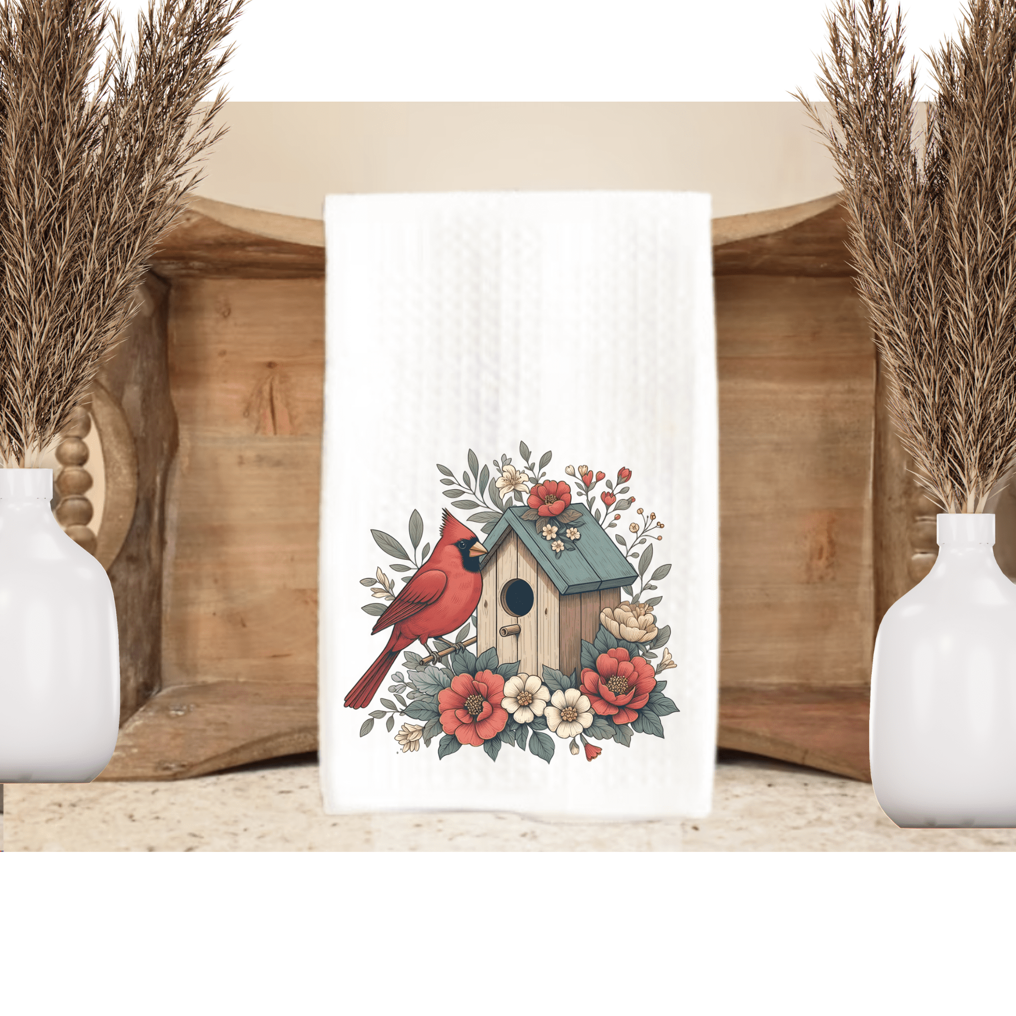 Christmas Printed Kitchen Towel Set Red Cardinal Bird 16x24 Happy Holiday Décor