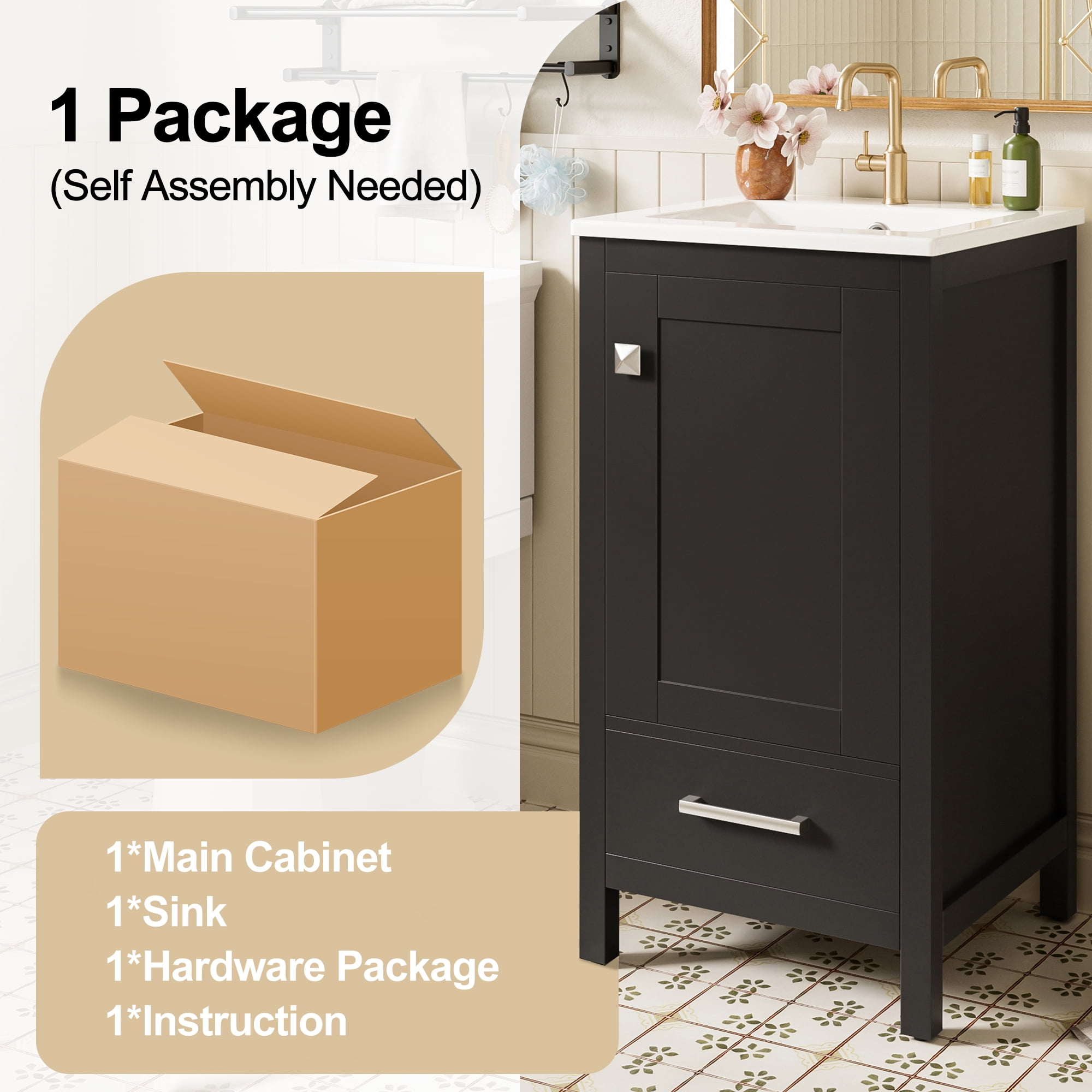 18" Sturdy Wood Small Bathroom Storage Cabinet, Bathroom Organizer Cabinet with Soft Close, Compact Vanity Unit for Small Spaces with Ceramic Sink for Bathroom, Black