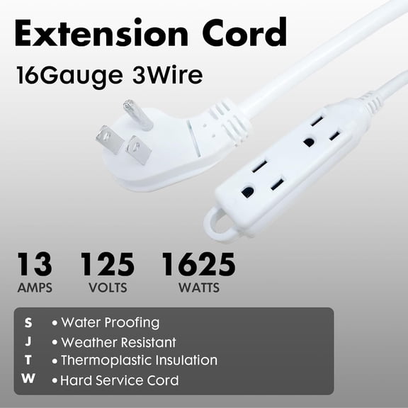 PYYAN-Indoor Extension Cord 3 Outlets Flat Plug Power Strip, UL Listed, 16 Gauge 10 ft White 3 Prong Heavy Duty, 16/3 SJTW 13A Outlet Extender