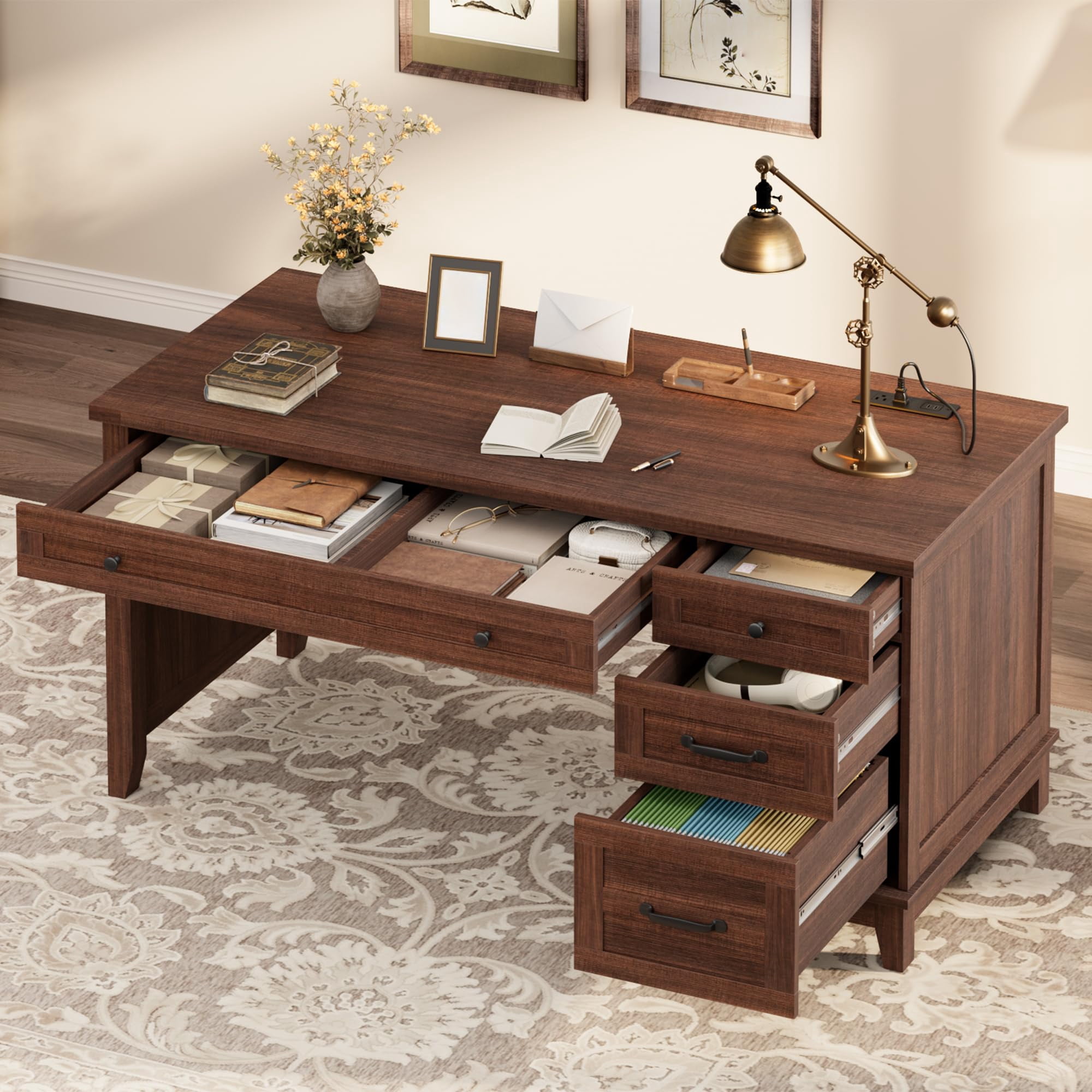 53.5" Executive Desk with 4 Drawers, Farmhouse Home Office Desk with File Cabinet, Wooden Computer Writing Desk for Study, Conference Table, Brown