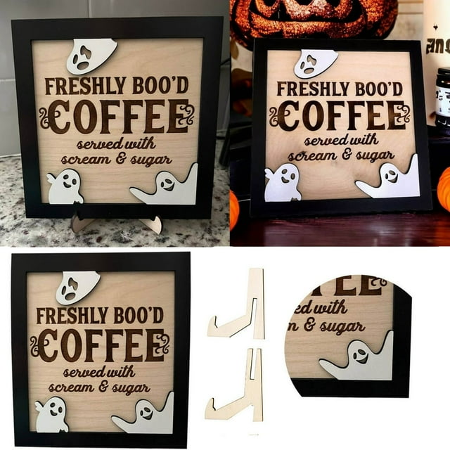 Pancarte de Café Fantomatique d'Halloween Fraîche Ornement de Table Drôle Pancarte d'Ornement Fantomatique d'Halloween Pancarte de Café Pancarte d'Halloween Pancarte de Café Pancarte de Cuisine d'Halloween avec Support