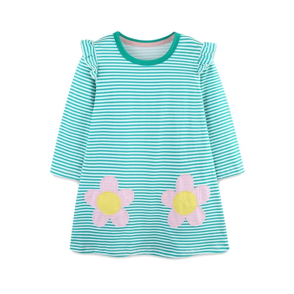 Paiwinds Summer Toddler Girls T-Shirt Dress Striped Crew Neck Long Sleeve Ruffle Shoulder Casual Relaxed Fit Mini Dresses for Little Kids