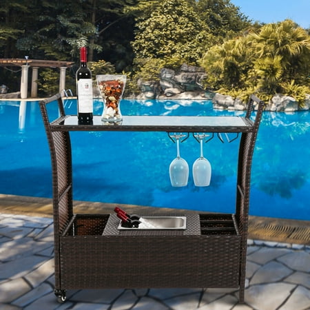Kinbor Patio Outdoor Wicker Serving Bar Cart Wheels Stainless Ice Bucket Kinbor Patio Outdoor Wicker Serving Bar Cart Wheels Stainless Ice Bucket
