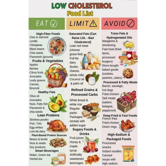 Low Cholesterol Food List Poster Suitable For Home Kitchen Dining Room Sanatorium Rehabilitation Centre Office Decor poster