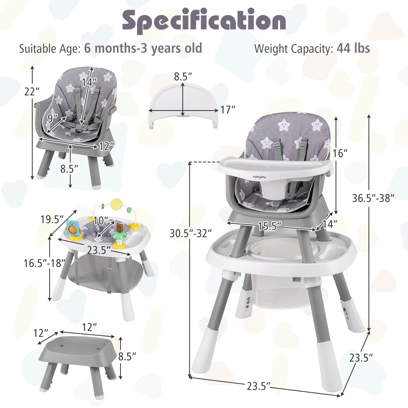 Babyjoy 16-in-1 Baby High Chair with Activity Center Booster Seat Building Block Table Gray