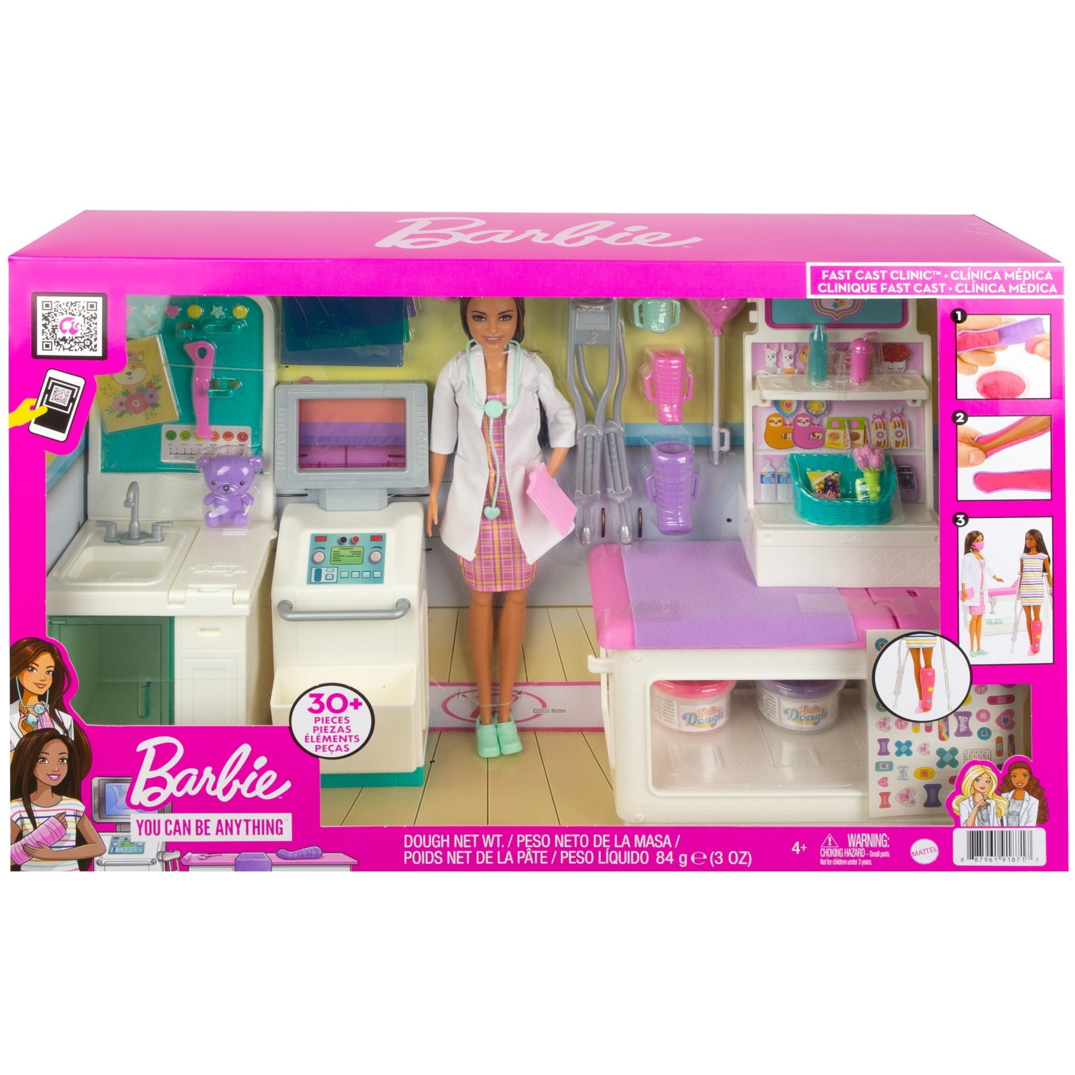 Barbie Fast Cast Clinic Playset with Brunette Barbie Doctor Doll, 4 Play Areas, 30+ Play Pieces