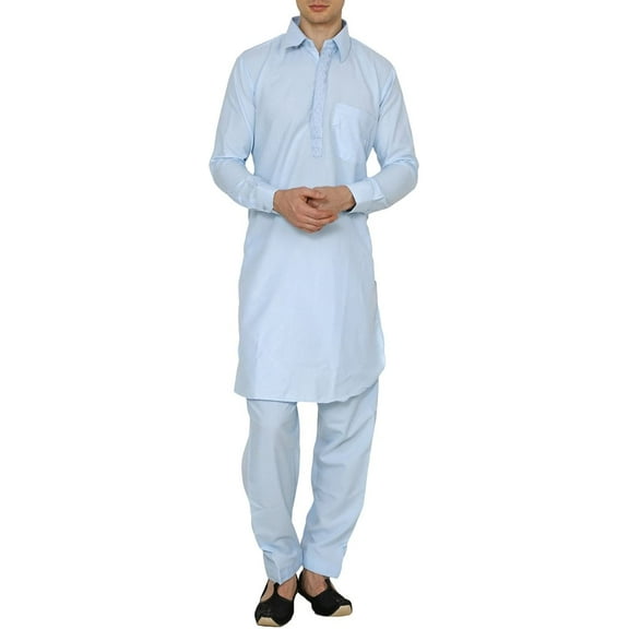 Royal Kurta Men's Polycotton Embroidered Pathani Suit Blue