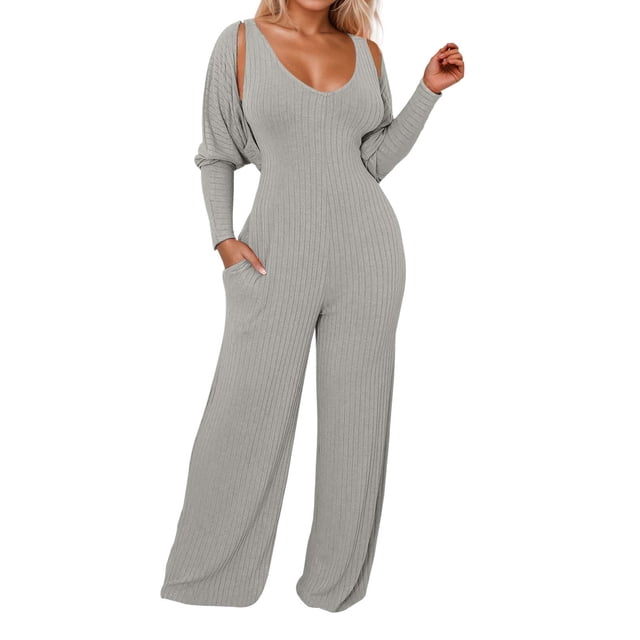 TrendOFT Formal Jumpsuit For Women Summer Plus Size Casual Long Sleeve Deep V Neck High Stretch Ribbed Rompers For Women One Piece Overalls Grey M