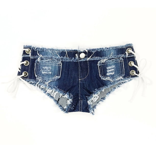 Pantalones cortos ajustados elásticos para mujer, Mini pantalones cortos de mezclilla, pantalones cortos rasgados, Tanga de cintura baja, ropa Prendas para la parte inferior del cuerpo Azul S Jumpingount AP012050-07