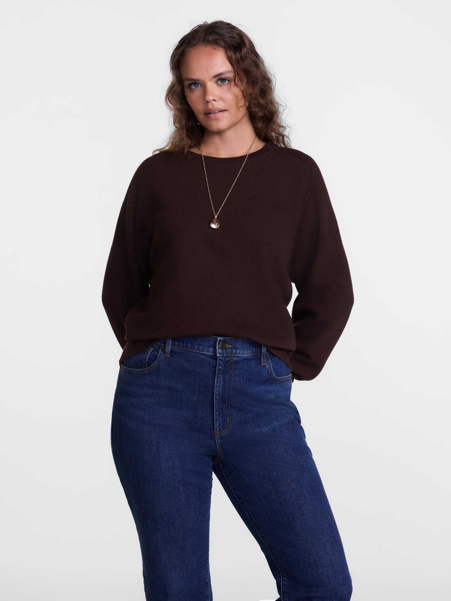 Scenario Women's Waffle Knit Crewneck Tee with Long Sleeves, Sizes XS-XXXL