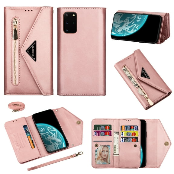 Galaxy A72 5G Wallet Case, PU Leather Crossbag Lager Capacity Purse With Zipper Pocket Card Slot Case Flip Pouch Stand Phone Cover with Wrist Strap / Shoulder Strap For Samsung Galaxy A72 5G,Rosegold