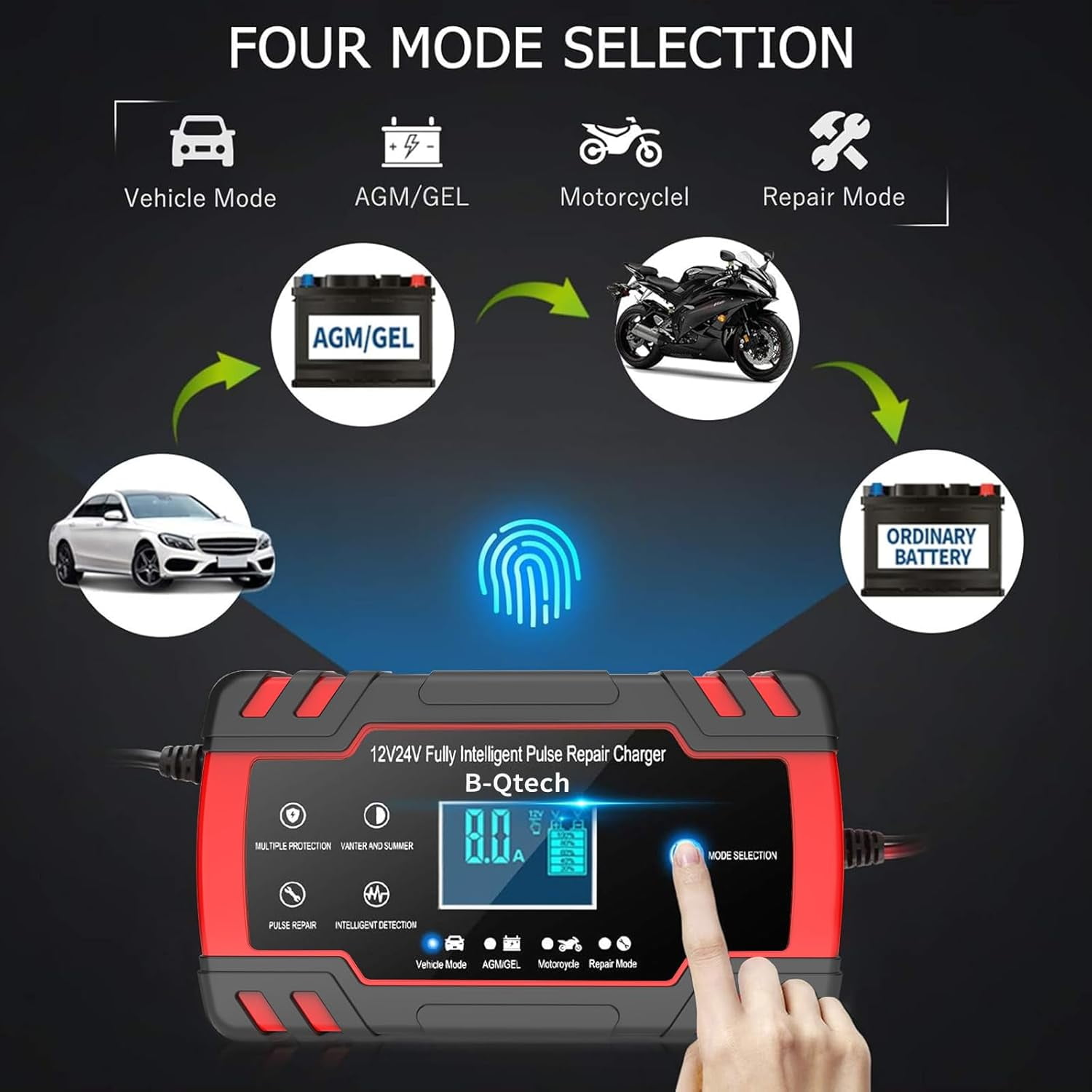 B-Qtech 12V/24V 2-150Ah Car Battery Charger, Repair Smart Automatic Charging for Car Motorcycle 110V-240V
