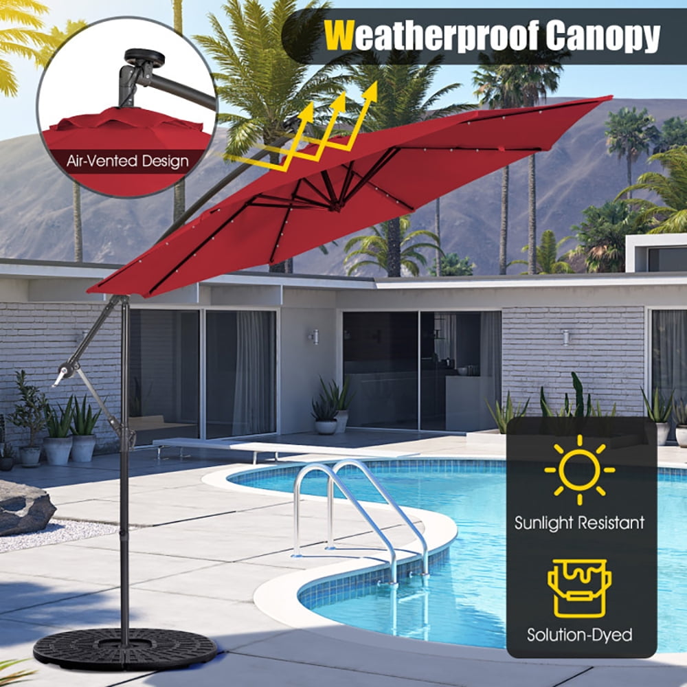 Aimee Lii 10 Feet Patio Solar Powered Cantilever Umbrella with Tilting System, Sunbrella Patio Umbrellas, Red Aimee Lii 10 Feet Patio Solar Powered Cantilever Umbrella with Tilting System, Sunbrella Patio Umbrellas, Red