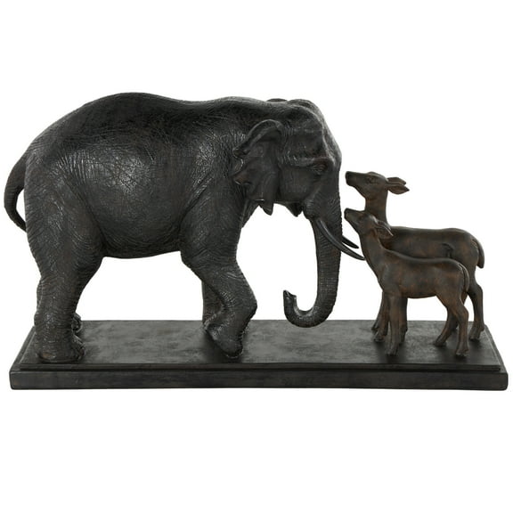 20" x 11" Black Resin Walking Elephant Sculpture with Dark Brown Deer, by DecMode