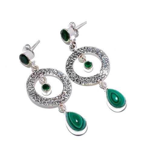 Eye In Malachite - Congo & Emerald 925 Sterling Silver Israeli Earring 2.15" T39, Beautiful Jewelry For Woman, New Year Sale, Valentin's Day Gift