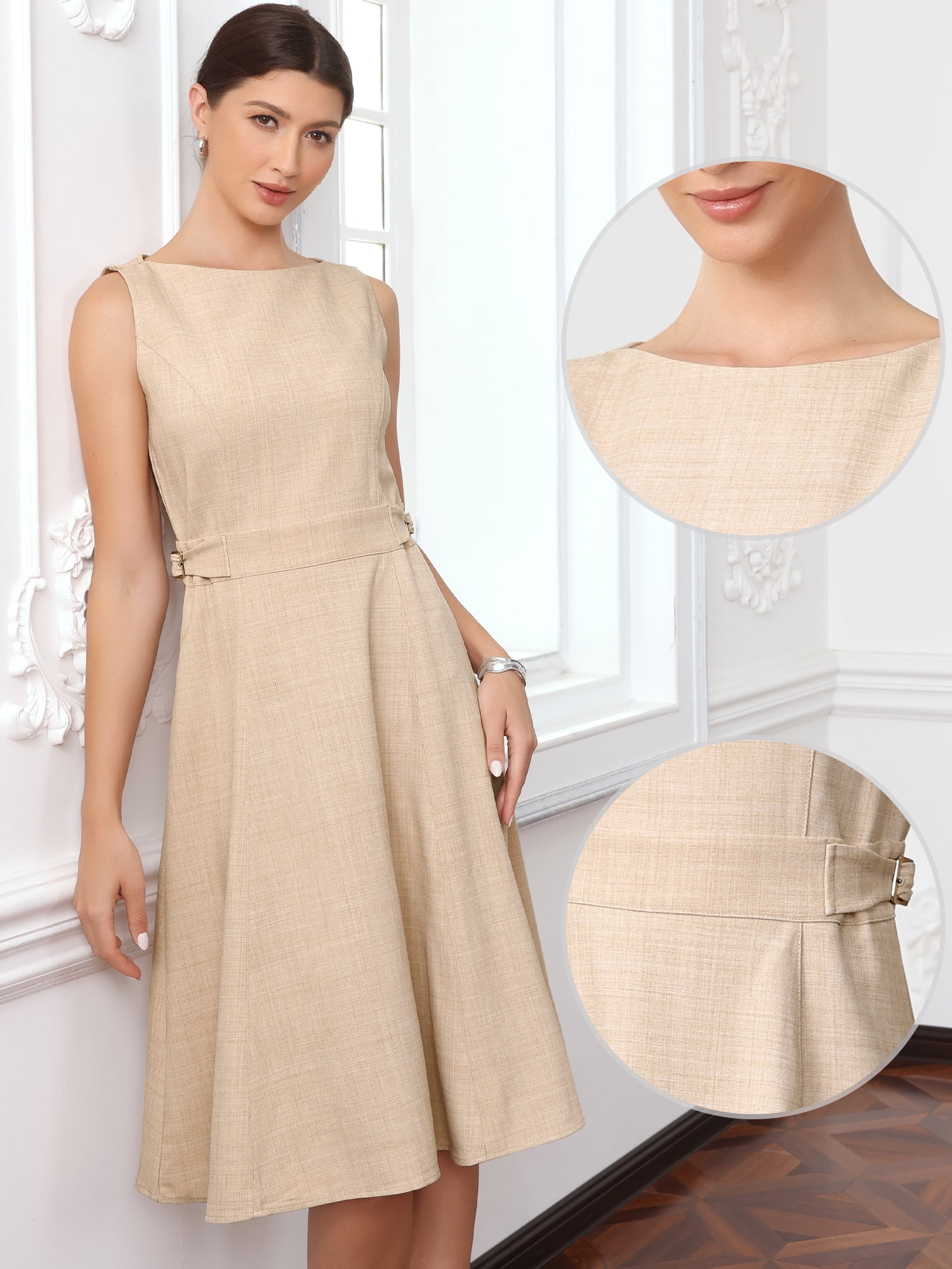 DARING DIVA Women's Elegant Work Dress Sleeveless Boat Neck A Line Midi Dresses M Beige