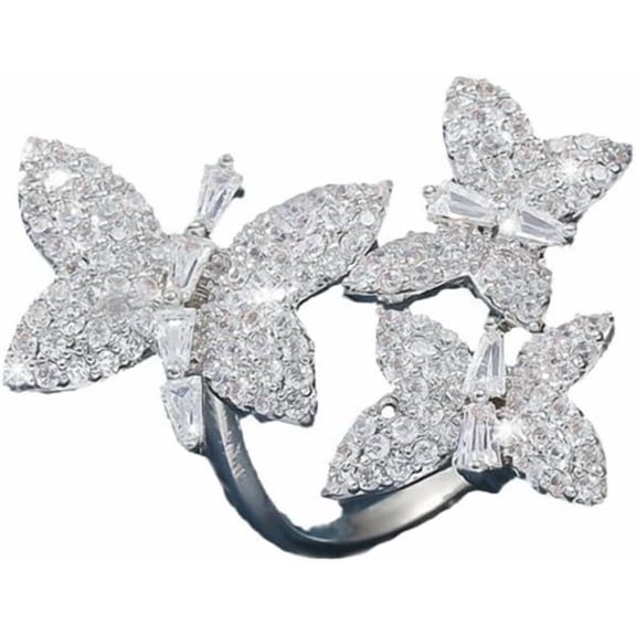 Elegant Butterfly Statement Rings for Women Cubic Zirconia Rhinestone Three Butterflies Insects Animal Wedding Wrap Open Engagement Ring Finger Band Jewelry