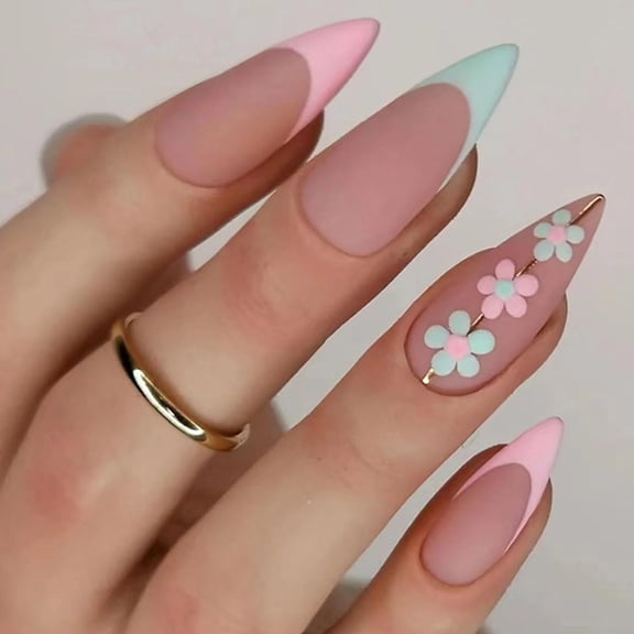 Press on Nails Medium Almond Matte French Acrylic Fake Press Ons Nails with Cute Flower Design Glue on Full Cover Artificial False Stick on Nail for Girls Women Daily Wear 24PCS Matte French with Cut
