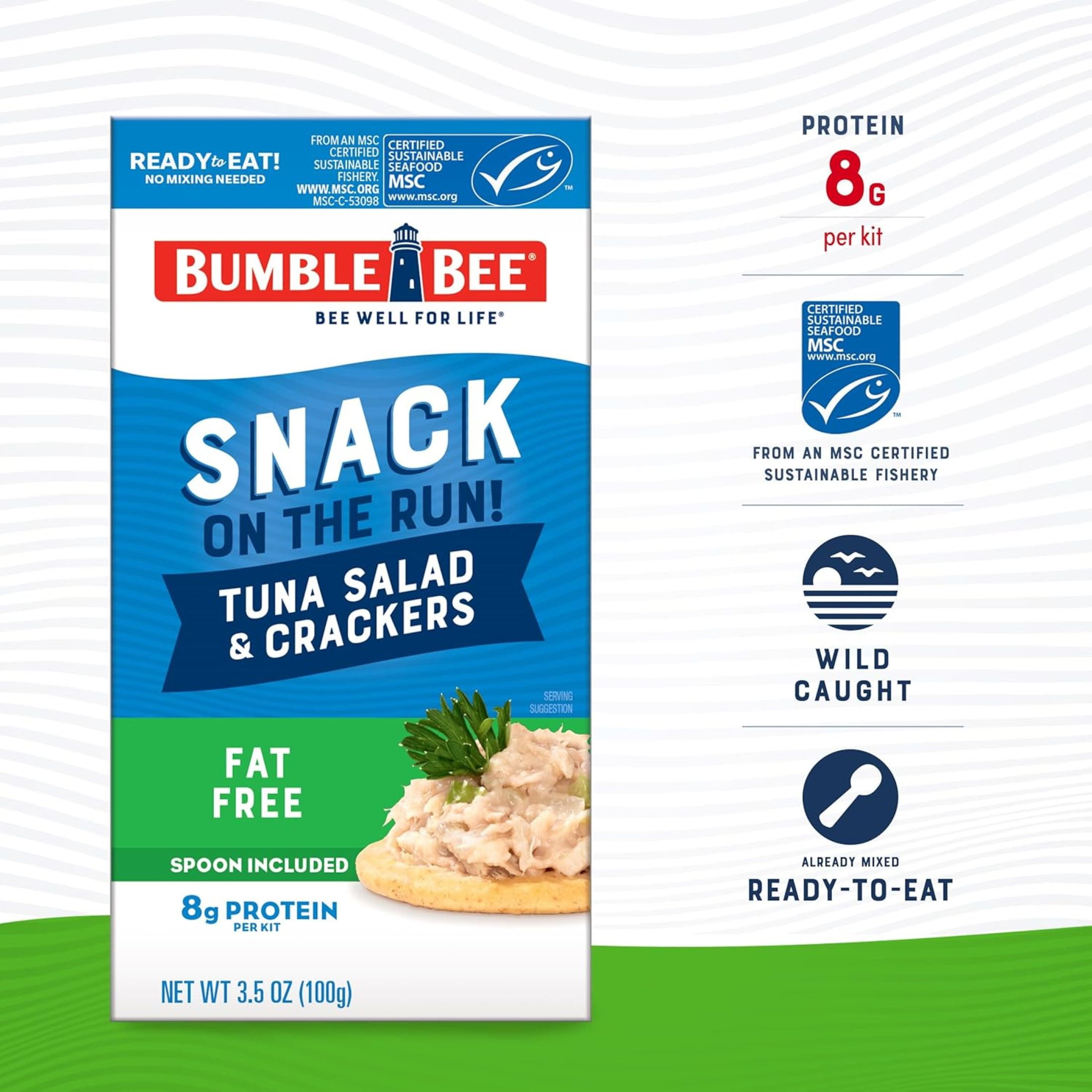 (3 pack) Bumble Bee Snack on The Run Fat Free Tuna Salad with Crackers Kit, 8g Protein Per Serving, Ready to Eat, Spoon Included, Shelf Stable Box, 3.5 oz