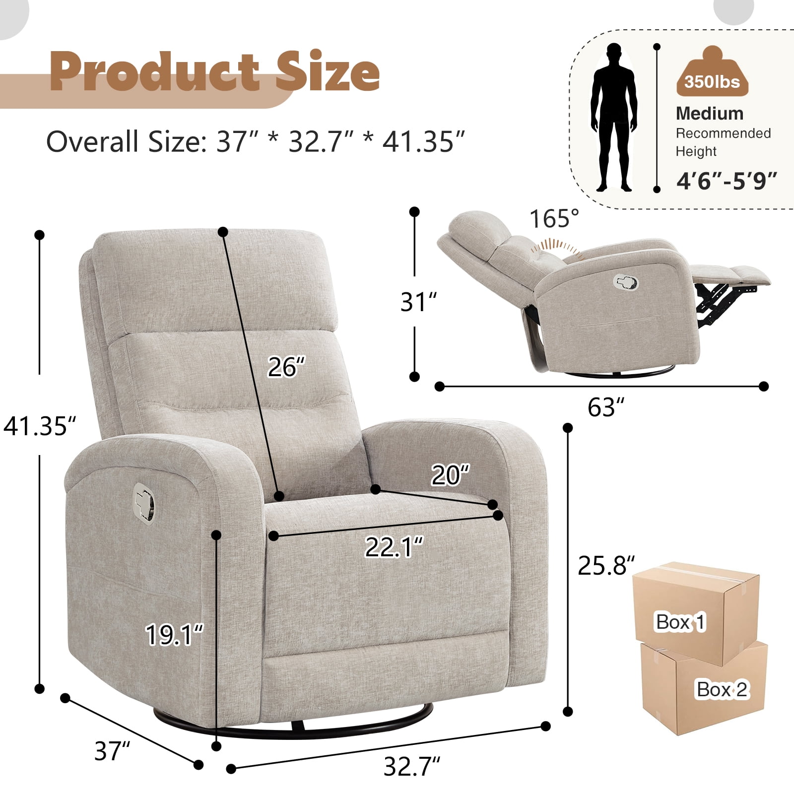 Aemeios Manual Swivel Rocker Recliner, Chenille Nursery Chair with Pockets, Camel
