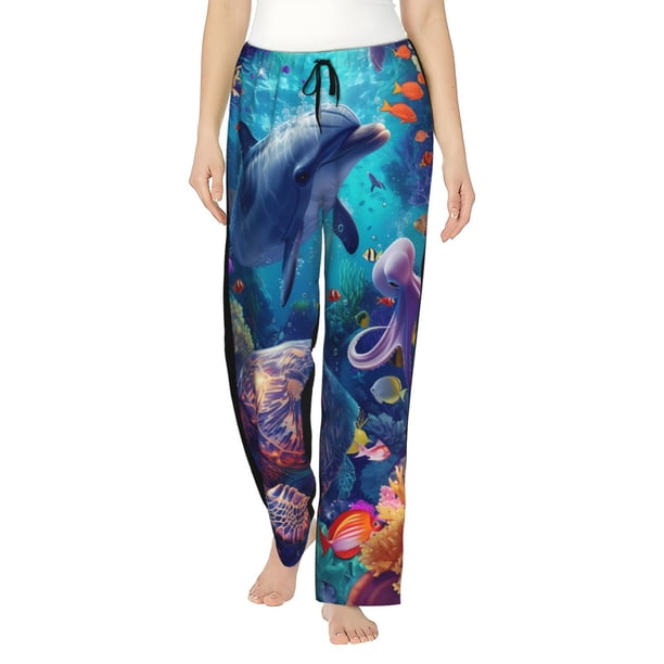 Fotbe Underwater Turtle Dolphin Octopus Pantalones de Pijama para Mujer, Pantalones de Dormir, Pantalones Pj con Cordón y Bolsillos-XX-Large