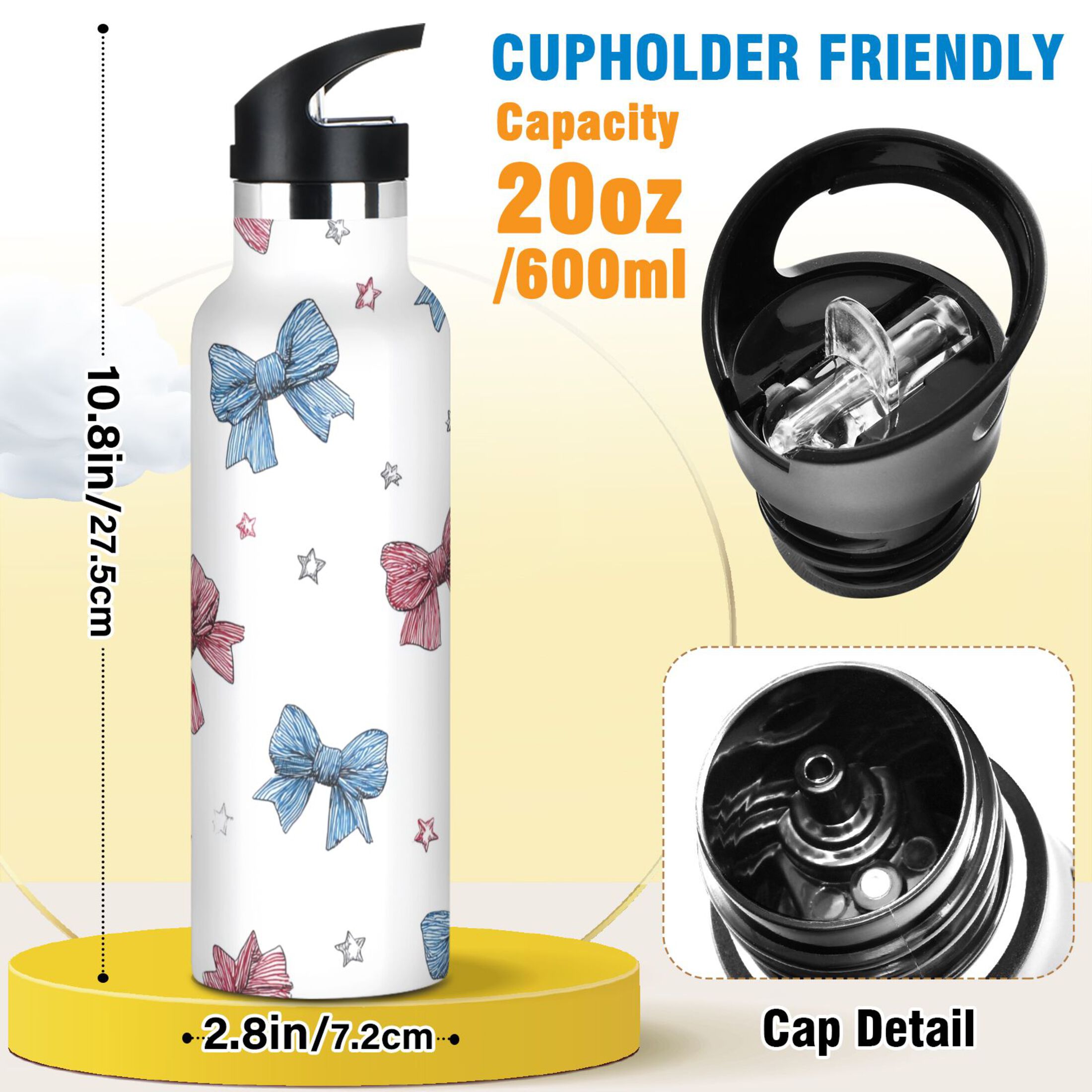 Kids Insulated Stainless Steel Sports Water Bottle 600ml (20oz) Red and Blue Stripes Bows