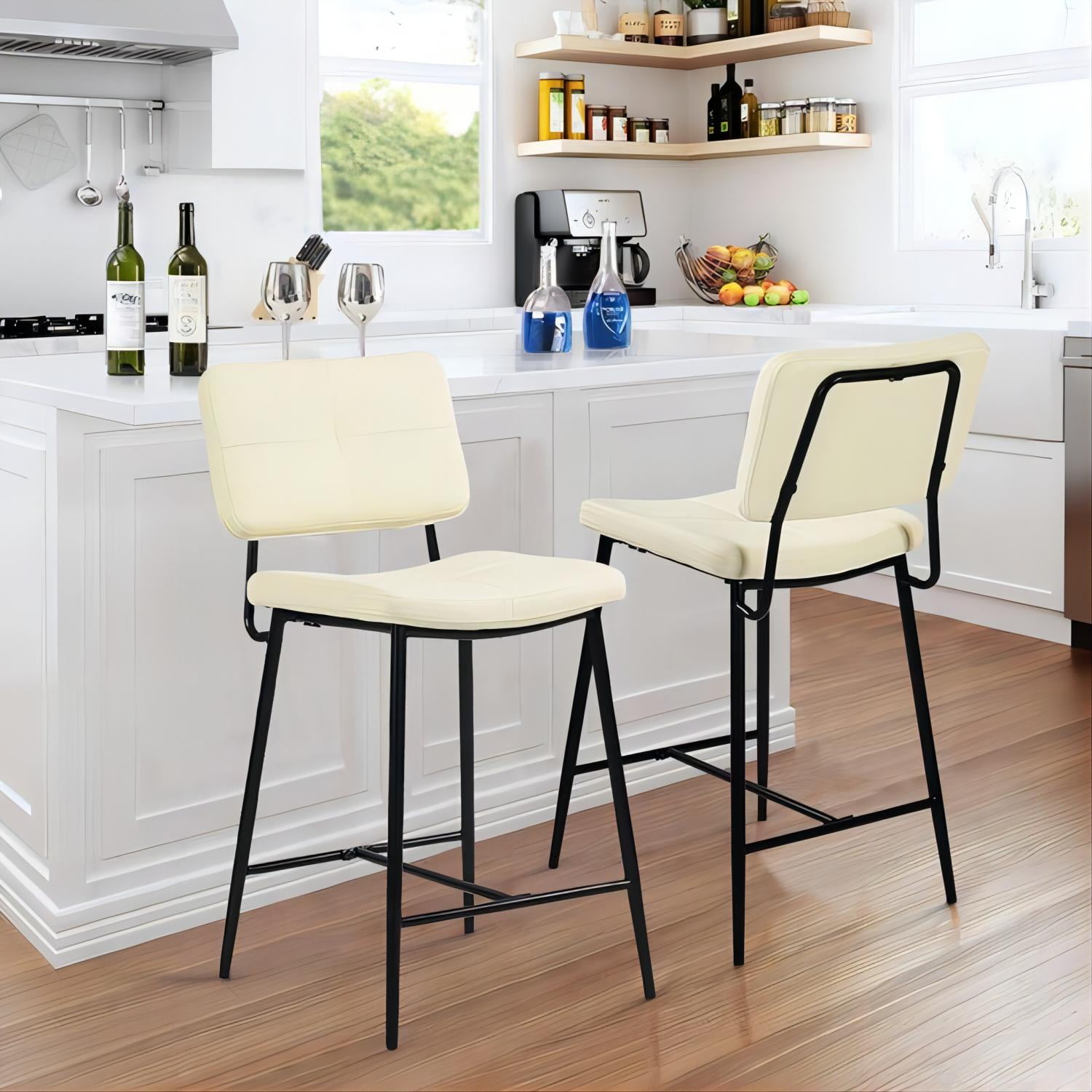 Faux Leather Counter Bar Stools with Metal Legs, Set of 2, Cream ...