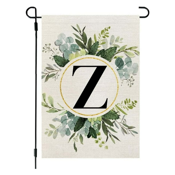 Bandera de lino para jardín, estilo Ins, con estampado de 26 letras y plantas verdes, con la primera letra del apellido, ideal para colgar en la puerta del patio.