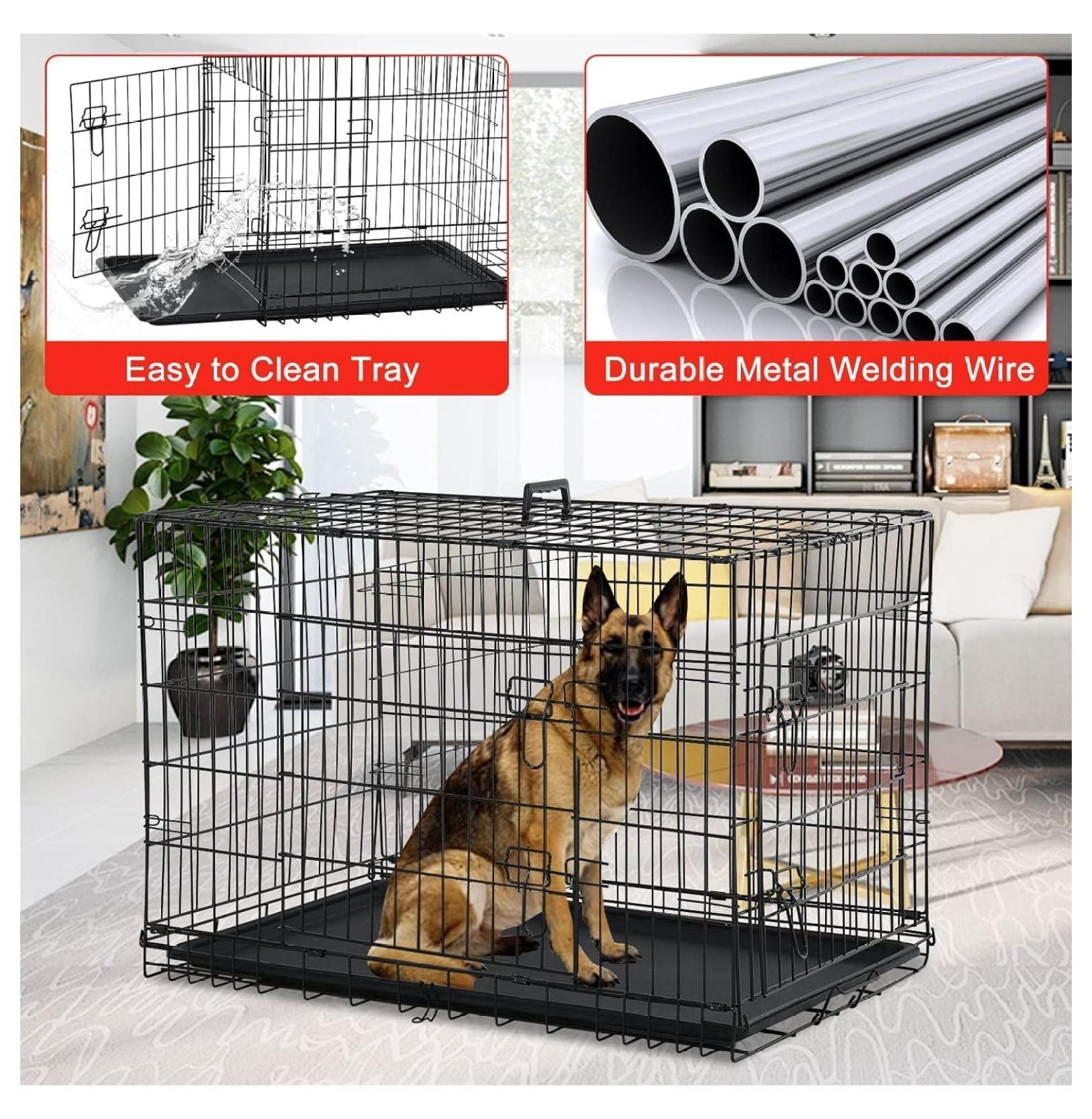 Inch Dog Crates for Large Dogs Folding Dog Cage Metal Wire Crates Portable Pet Kennels Outdoor and Indoor Pet Dog Cage Crate with Double-Door, Divider Panel, Removable Tray, Black