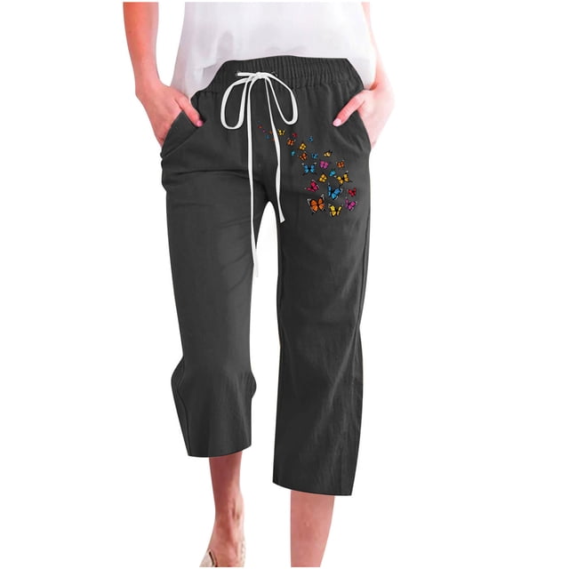 Meichang Pantalon Capri Large en Coton et Lin Taille Haute pour Femmes avec Poches, Imprimé