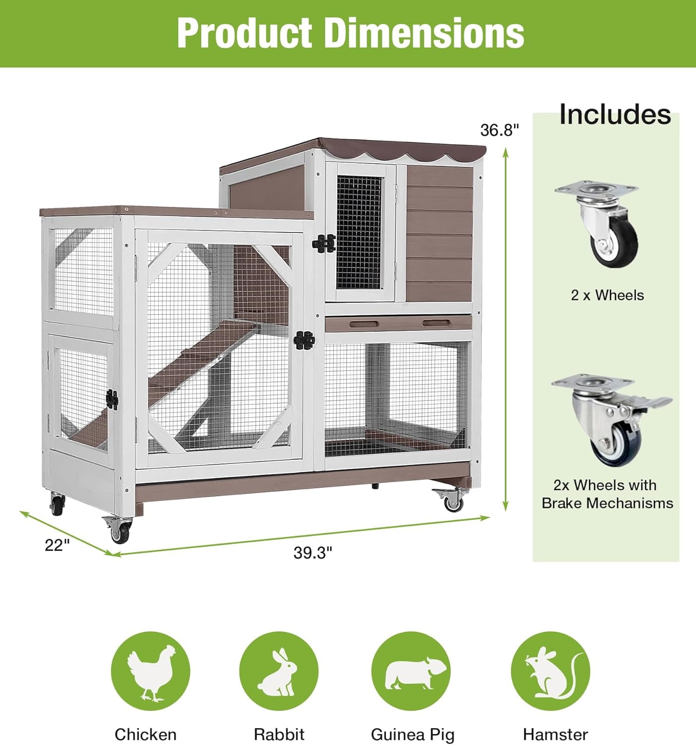 MEDEHOO Duplex Rabbit Hutch Indoor with Chew-Proof Frame & 2 Leak-Proof Sliding Trays, Rain Cover, Wooden Guinea Pig Cages with Wheels - Brown