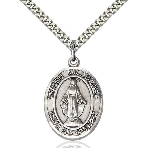 Sterling Silver Virgen Milagrosa Pendant 1 x 3/4 inches with Heavy Curb Chain