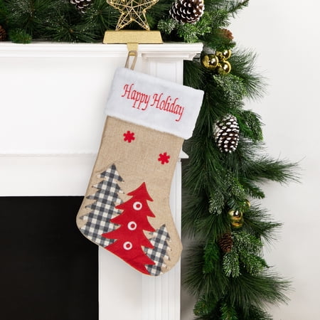 Northlight 19 Beige and Red Burlap Happy Holidays Forest Trees Christmas Stocking