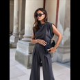 thumbnail image 4 of Traje Informal Plisado Sin Mangas con Cuello Redondo para Mujer, Chaleco de Cuello Redondo, Pantalón de Pierna con Bolsillo, Gris Oscuro, Talla M, 4 of 8