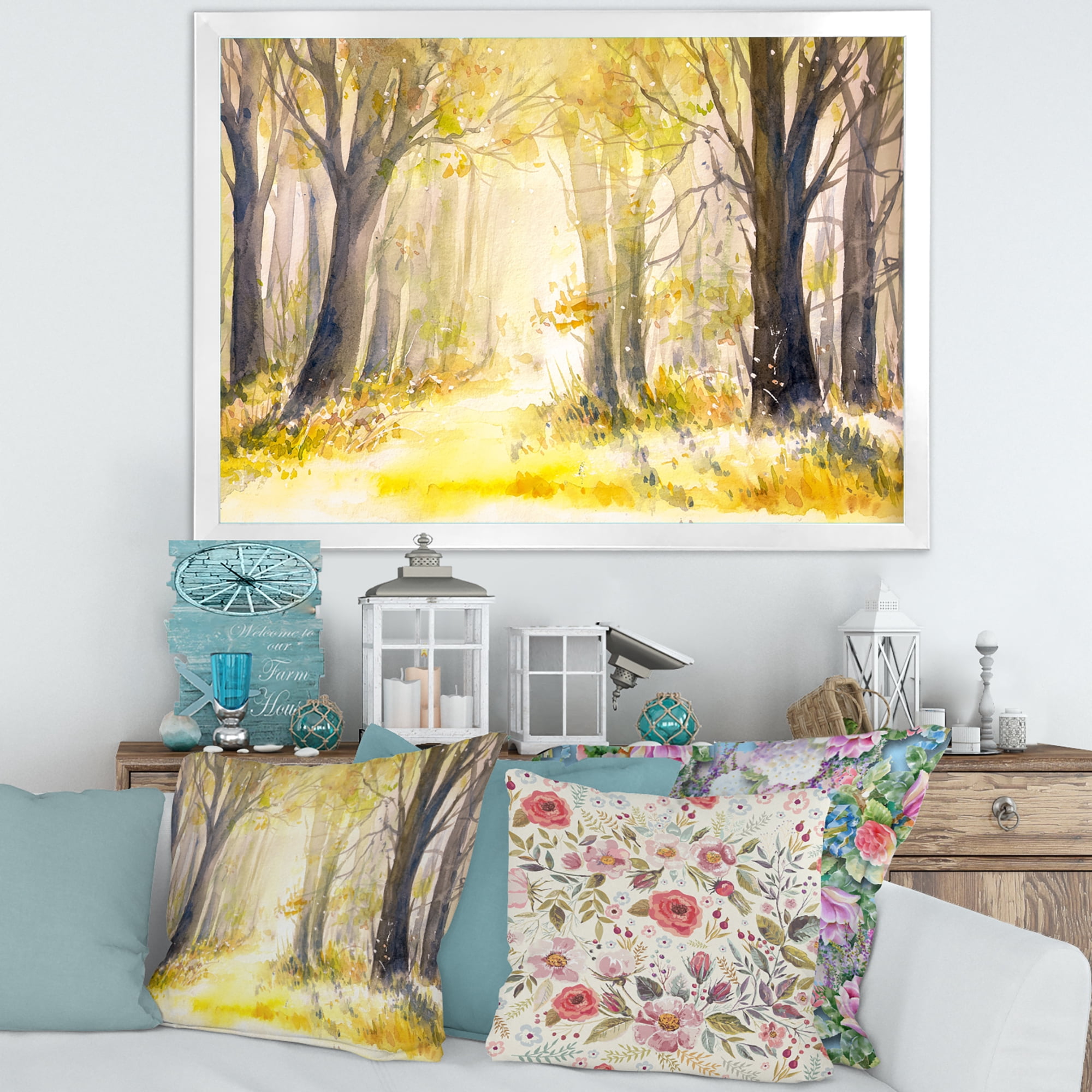 Designart 'Bright Sunshine Through The Yellow Forest Trees I' Traditional Framed Art Print