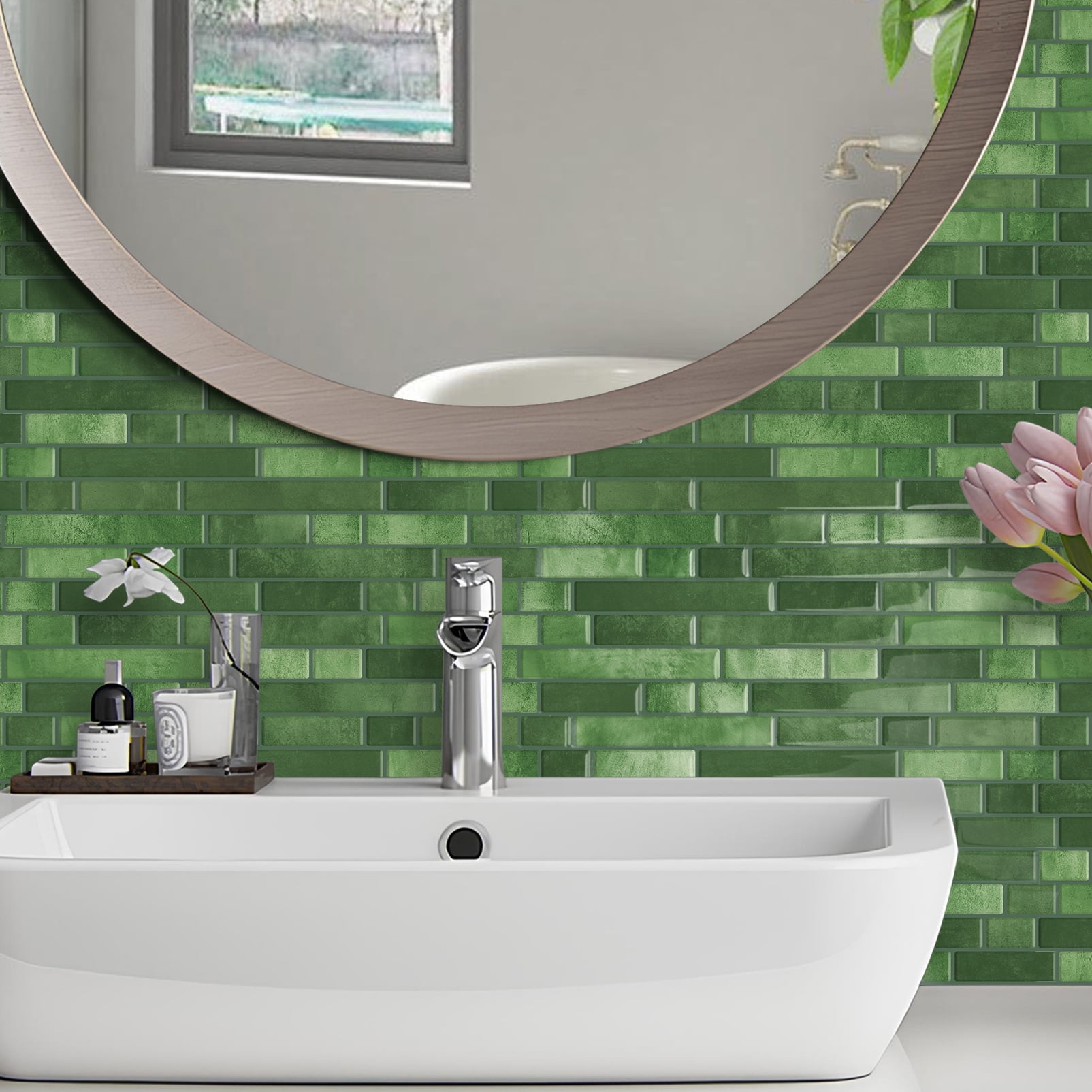 DEWOO Thick Kitchen Peel and Stick Tile Backsplash, Stick on Wall Tiles, 12"x12" Self Adhesive Sticky 3D Wall Marble Tiles Bathroom (10-Sheet，Green)
