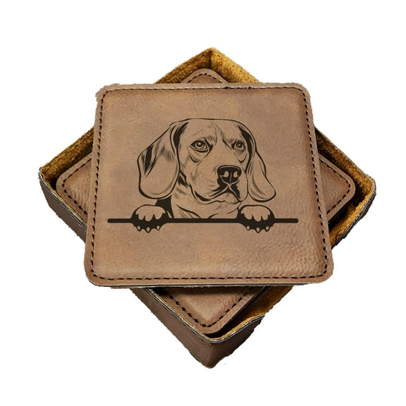 Beagle Peek-a-Boo Coasters - Handmade Coasters Set of 6 - Engraved Barware Decorations - Leather Bar Decor - Man Cave Father's Day Present
