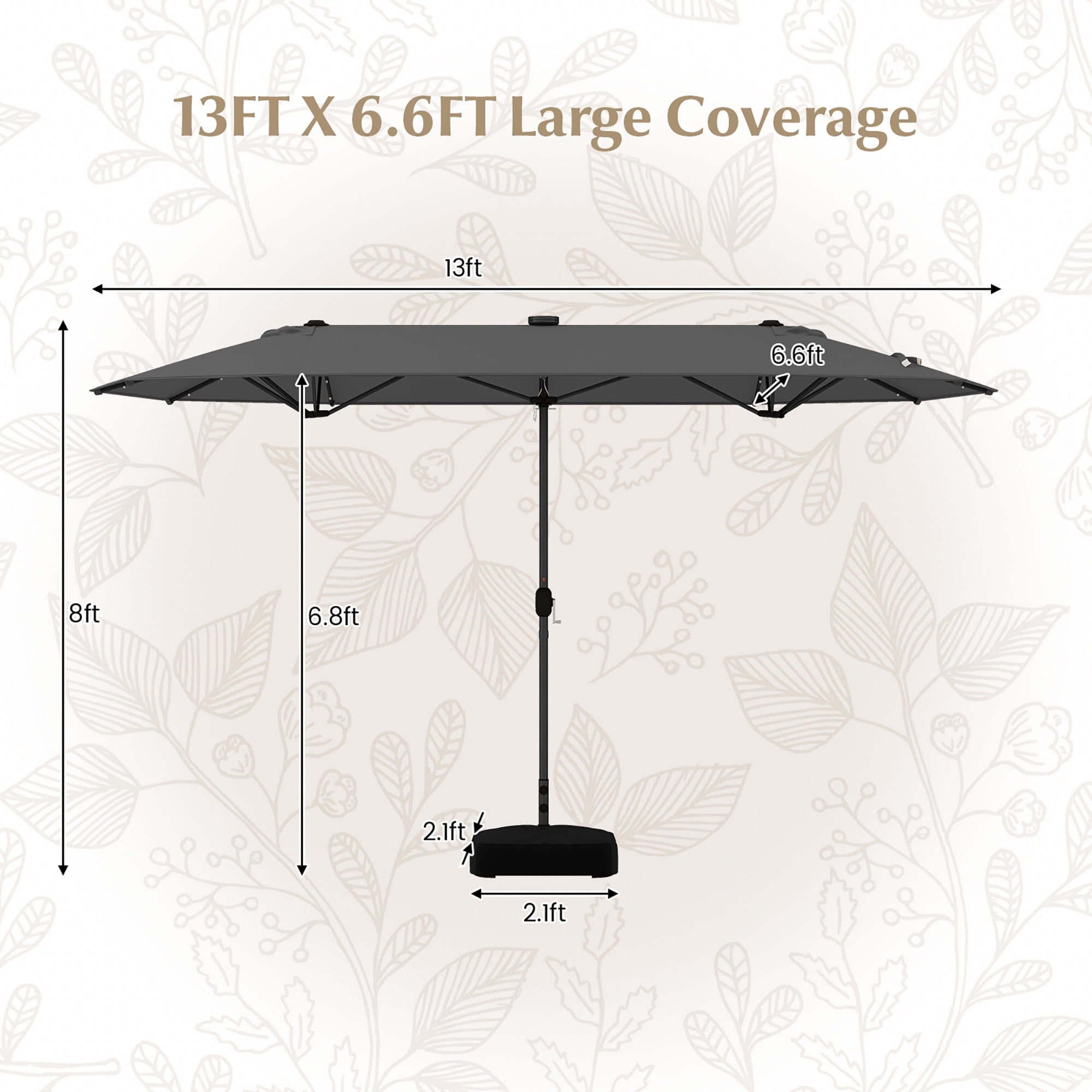 Gymax 13FT Double-sided Patio Umbrella w/ Solar Lights Crank Handle Umbrella Base Grey