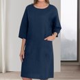 thumbnail image 3 of Vestido de verano para mujer, vestido suelto de lino y algodón a la moda, cuello redondo, vestido hasta la rodilla FLhrweasw Nuevo, 3 of 9