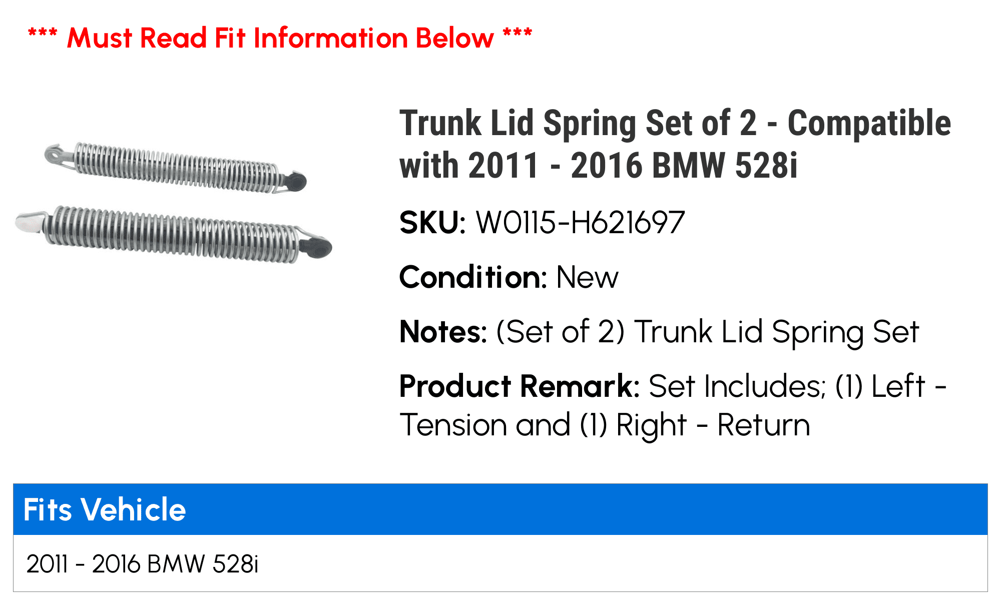 Trunk Lid Spring Set of 2 - Compatible with 2011 - 2016 BMW 528i 2012 2013 2014 2015