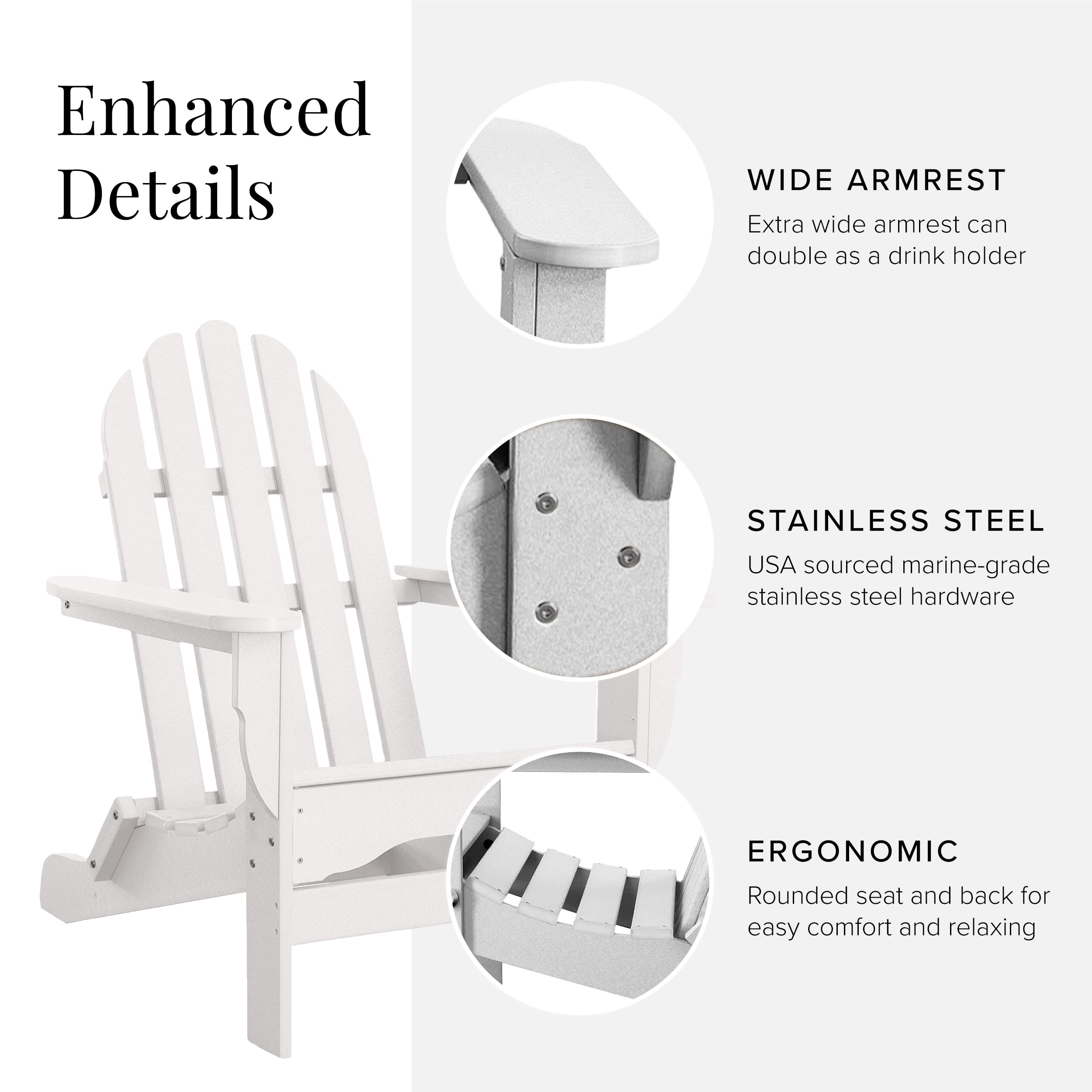 DuroGreen Adirondack Chair Made With All-Weather Tangent Sustainable Lumber, Oversized, High End Classic Patio Furniture for Porch, Lawn, Deck, or Fire Pit, White