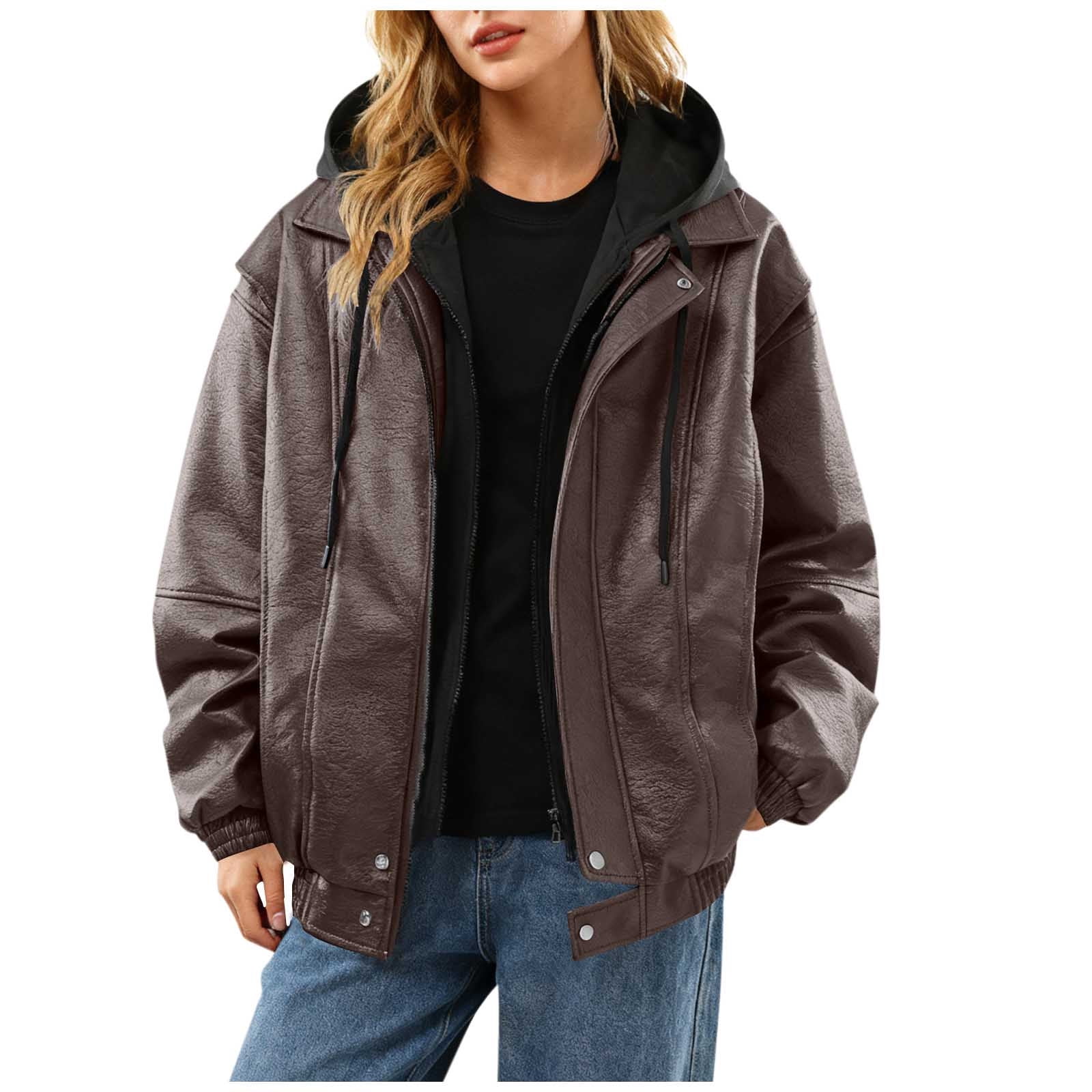 Uootdi Cropped Leather Jacket for Women Vintage Style Motorcycle Bomber Jacket Faux Leather Lapel Neck Zip Up Long Sleeve Coats Fall Going Out Jackets